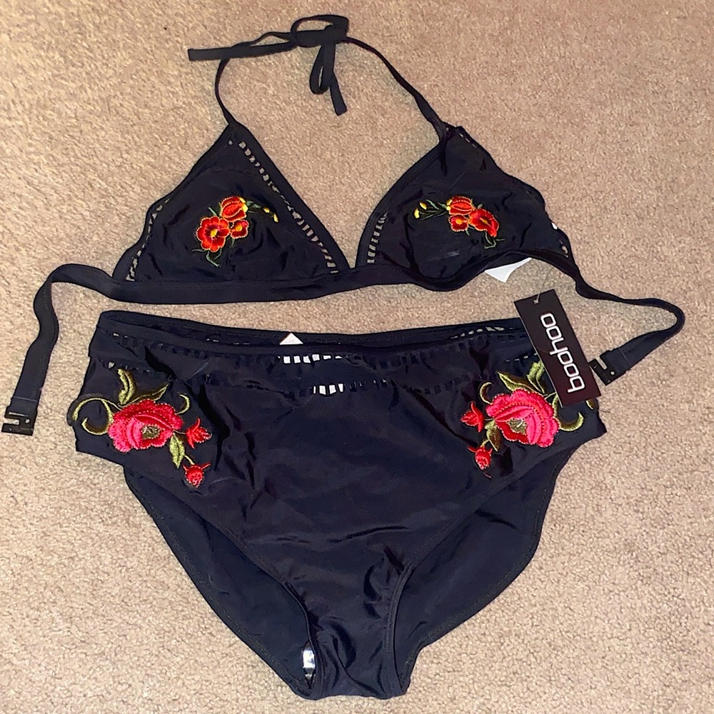 Black high waisted bikini with flowers bathing suit from Boohoo, never worn